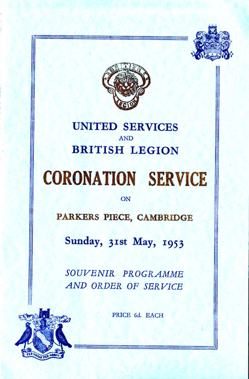 Programme for the British Legion Coronation Service, Parker's Piece, Cambridge, Sunday 31 May 1953. Source: Stanley Newell.