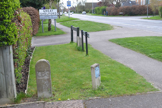 The Cambridge Borough Council, Great Shelford, Shelford Road and Cambridge Road signs and the plaque referring to a tree (now removed) planted to commemorate the Coronation in 1953, on the east side of the road. Photo: Andrew Roberts, 2 April 2017.