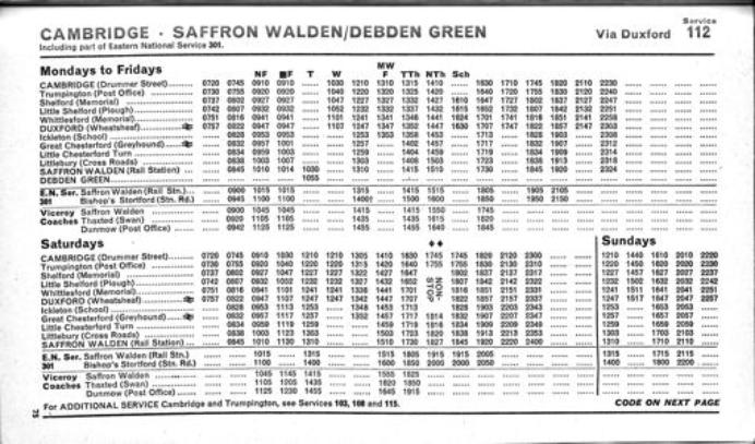 Extract from Eastern Counties Omnibus Company timetable, Cambridge Area, 1968, service 112. Source: Barry Clarke.