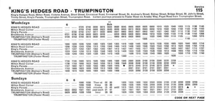 Extract from Eastern Counties Omnibus Company timetable, Cambridge Area, 1968, service 115. Source: Barry Clarke.