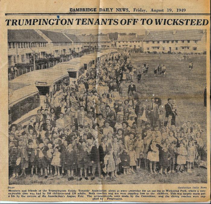 Photograph of Trumpington tenants leaving for a day trip to Wicksteed, August 1949. Cambridge Daily News, 19 August 1949.