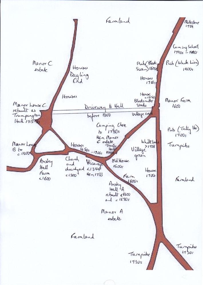 Map D: Features of Trumpington village, 1601 – 1800. Andrew Roberts.