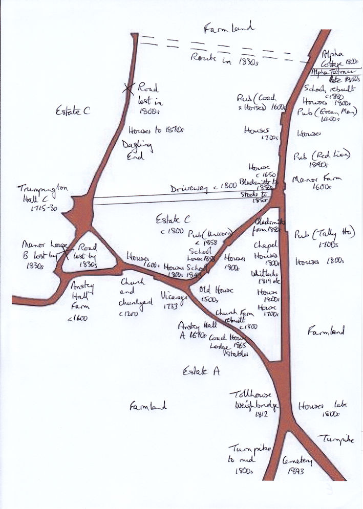 Map E. Features of Trumpington village, 1801 – 1900. Andrew Roberts, April 2025.