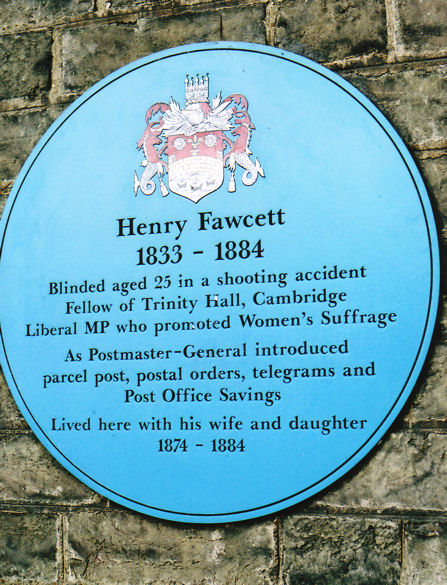 The blue plaque to Henry Fawcett on 18 Brookside. Photo: Andrew Roberts, 20 July 2008.