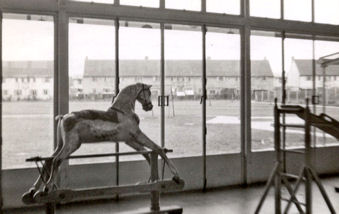 Fawcett School, class room with rocking horse, 1950s. Photograph: Cambridgeshire Collection, Cambridge Central Library.