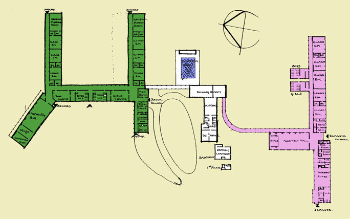 Plan of Fawcett Schools: Junior School in green and Infant School in purple, 1989. Source: Ken Fletcher.