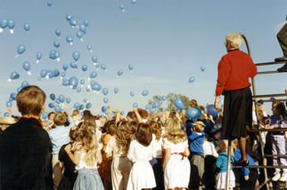Celebrations at the opening of the combined Fawcett Primary School, 1989. Source: Fawcett School.