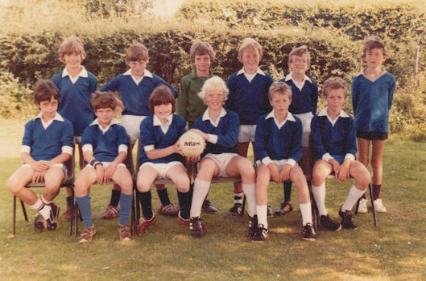 Fawcett Junior School football team, 1983. Back row: (from left to right) Lauren Hignell, Mark Turner, Ben Coombs, James Diver, Stephen Thompson, Robert Hesketh; front row: (from left to right) Marc Jeanneret, Shaun Smith, Andrew Mitchell, Duncan Riley (Capt.), Trevor Butler, Jamie Andrew [Source: 1983, supplied by Shaun Smith]