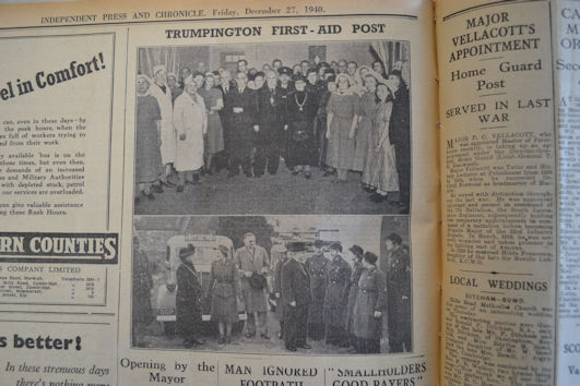 Trumpington First Aid Post. Independent Press and Chronicle, 27 December 1940, p. 10. Cambridgeshire Collection.