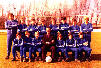 u13 Colts League Cup winning team, 1974: Martin Brown (coach), standing on left beside ?, Robert Cuthbert, Clive Teulon, Ian Timms, David Haynes, ?, ?; sitting from the left Phil Reed, ?, Kenneth Smith, Mr Neville Haylock (manager), Gary Haylock, Jamie Mahoney, ? [Source: supplied by Robert Cuthbert and Mrs Dianne Mahoney]