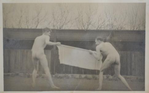 Photograph of Frank Edwards and Jack Overhill after swimming, with "Swam every day in river right through winter" written on the reverse. Source: Jo Speak.