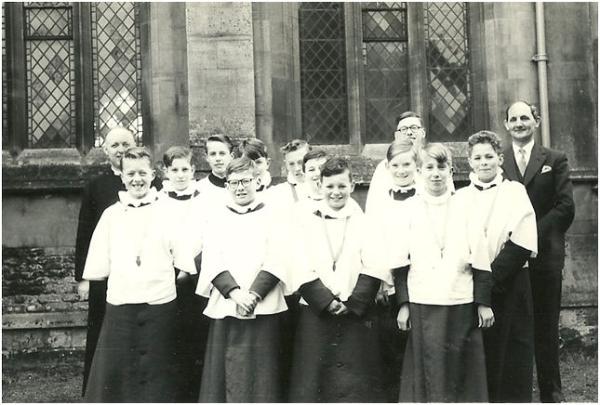 Trumpington Church Choir in about 1956. Back row: Rev. D.M. Maddox; Colin Gedge (author); --- ; Ivan Seekings; Mr. E.G.Youngs (Organist and Choirmaster); Centre row: 5 not known; Front row: Geoffrey Gedge (author�s brother); --- ; ? Aves?; --- . Source: Colin Gedge.