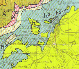 Geological Survey map, 1957. Green: Chalk. Blue: Upper Greensand and Gault.