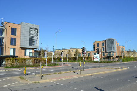 The marker buildings at the entrance to the Novo development at the Glebe Farm Drive/Addenbrooke�s Road junction. Photo: Andrew Roberts, 28 October 2014.