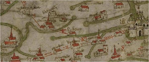 The Gough Map: detail from the map showing the route between London and Cambridge. Reproduced by permission of The Bodleian Libraries, The University of Oxford. Shelf mark: MS. Gough Top 16 (detail).