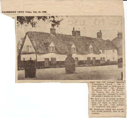 Newspaper cutting from the Cambridge News, referring to the proposed demolition of cottages on Grantchester Road, July 1968.