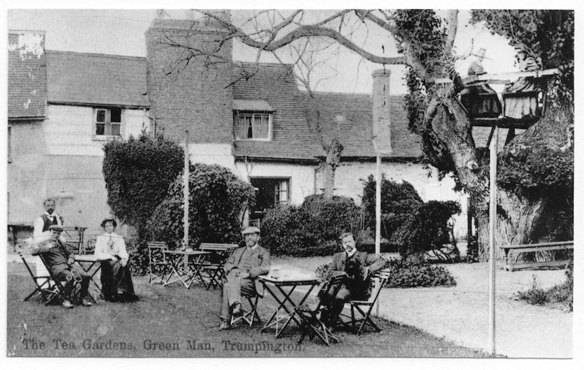 The Green Man Tea Gardens, 1900s. Postcard with the caption “The Tea Gardens, Green Man, Trumpington”. Looking across the tea gardens from the south, with the pub in the background, including its Medieval chimney. At ground level, there are four customers at two tables; there are two additional women in a tree house to the right. The individuals are thought to be Mr Hering (landlord of the Green Man) and Mrs Hering plus another man at the table to the left; Mr Harvey (shopkeeper from the stores next door) and Mr Howard-Pare (landlord of the Coach and Horses) at the table in the centre and Mrs Howard-Pare and Mrs Harvey in the tree house (names given by Shirley Brown, in Trumpington in Old Picture Postcards, number 58). Cambridgeshire Collection.