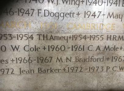 Memorial recognising the terms of Cambridge mayors, Cambridge Guildhall. Photo: Howard Slatter, 2019.