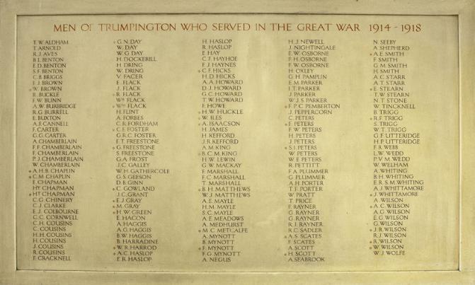 The War Memorial in the Village Hall, dedicated to ‘Men of Trumpington who served in the Great War 1914-1918’. Photo: Stephen Brown.