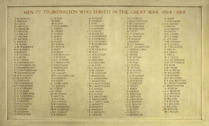 The Role of Honour in Trumpington Village Hall, dedicated to "Men of Trumpington who served in the Great War 1914-1918". Photo: Stephen Brown.