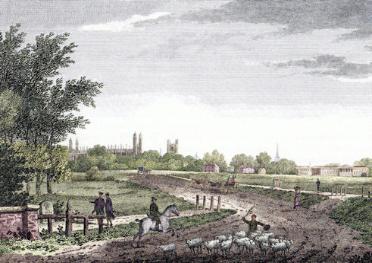 R.B. Harraden (1809), 'Cambridge from the London road', looking from the Stone Bridge and the first milestone to Coe Fen and the road into Cambridge, Cantabrigia Depicta.