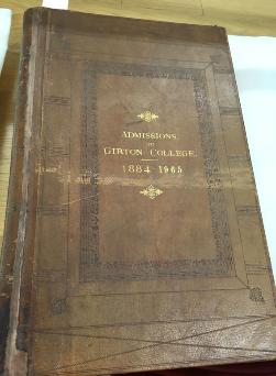 Girton College Admissions Register 1884-1965, front cover. Photo: Philippa Slatter, 2 August 2019. (Reproduced with permission of The Mistress and Fellows, Girton College, Cambridge, Girton College archive reference: GCAC 1/5/4/1.)