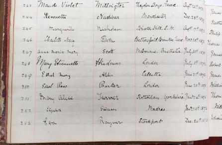 Girton College Admissions Register 1884-1965, Eva Rayner entry. Photo: Philippa Slatter, 2 August 2019. (Reproduced with permission of The Mistress and Fellows, Girton College, Cambridge, Girton College archive reference: GCAC 1/5/4/1.)