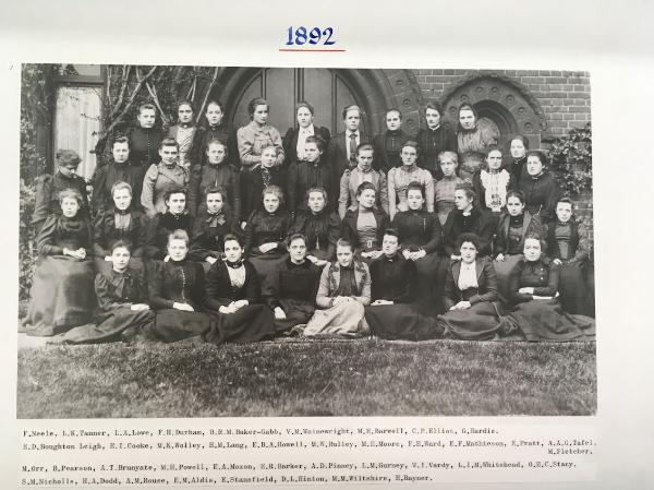 Girton College album of First Year photographs 1892-1915, the 1892 photograph. Photo: Philippa Slatter, 2 August 2019. (Reproduced with permission of The Mistress and Fellows, Girton College, Cambridge, Girton College archive reference: GCPH 10/50/2.)