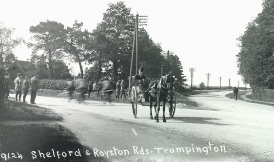 Shelford and Royston Roads, Trumpington (Hauxton Road junction), Ted Mott, number 9124, 1920s. Cambridgeshire Collection.