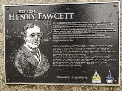 Plaque on the statute to Henry Fawcett, Market Square, Salisbury. Photo: Andrew Roberts, 31 December 2017.