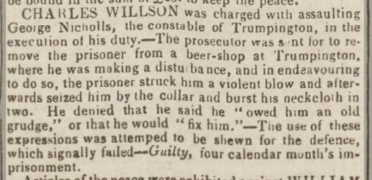 Newspaper report, Charles Willson [Charles Wilson] guilty of assault on John Nicholls, four months imprisonment. Huntingdon, Bedford and Peterborough Gazette, 13 July 1833. British Newspaper Archive.