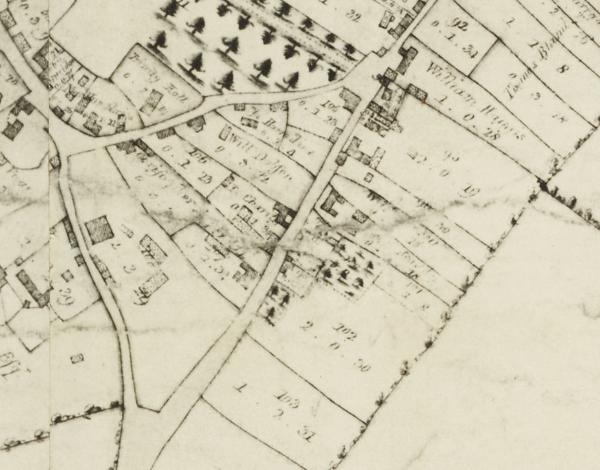 Extract from the enclosure map of Trumpington, with Maris Lane on the left. A Map of the Parish of Trumpington in the County of Cambridge, 1804. Cambridgeshire Archives, R60/24/2/70(a).