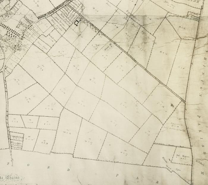 The eastern area of the enclosure map of Trumpington, 1804, showing Clay Farm. Map credit: Cambridgeshire Archives, as above.