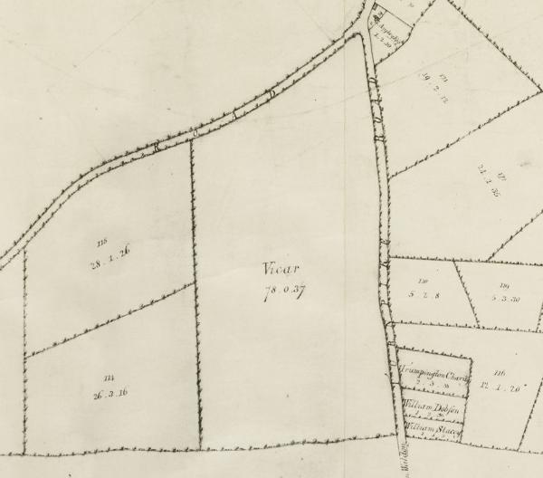 Extract from the enclosure map of Trumpington, with the land allocated to the Vicar to the east of Shelford Road turnpike. A Map of the Parish of Trumpington in the County of Cambridge, 1804. Cambridgeshire Archives, R60/24/2/70(a).