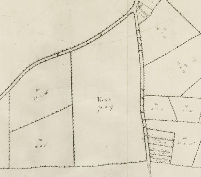 The southern area of the enclosure map of Trumpington, 1804, showing Glebe Farm. Map credit: Cambridgeshire Archives, as above.