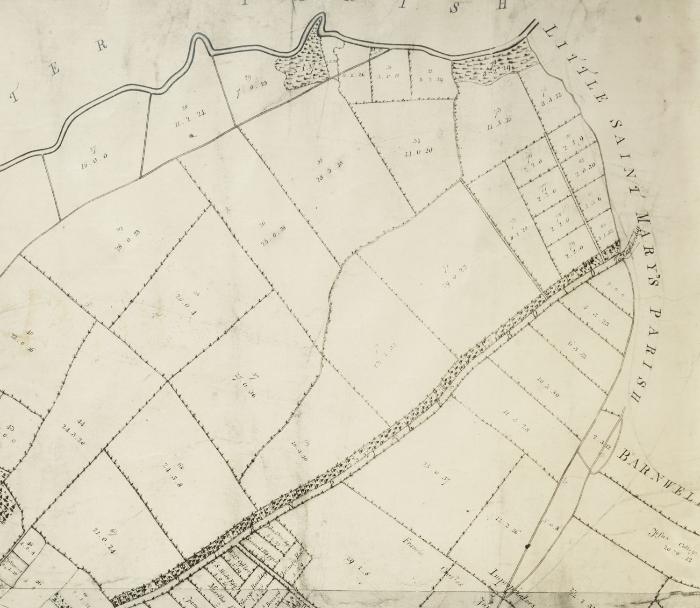 The north western area of the enclosure map of Trumpington, 1804, showing River Farm. Map credit: Cambridgeshire Archives, as above.