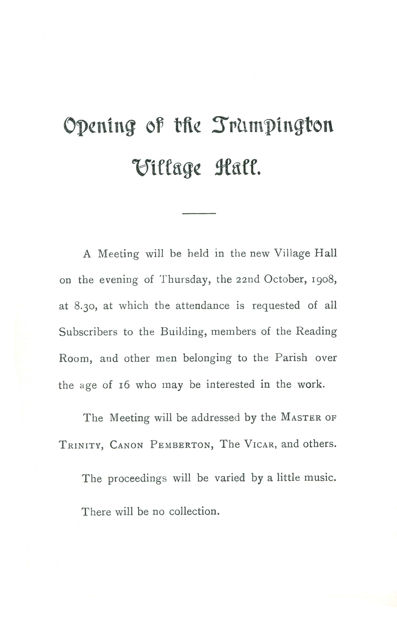 Invitation to the opening meeting on 22 October 1908, to be addressed by Canon Pemberton and the Vicar.