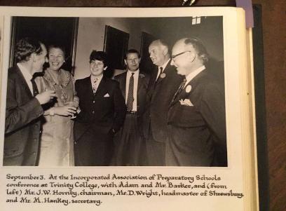 Jean Barker, Mayor of Cambridge, with her husband Alan Barker and son Adam Barker, at a conference, 3 September 1971. Photograph in Baroness Trumpington's archive, captioned "At the Incorporated Association of Preparatory Schools conference at Trinity College, with Adam and Mr. Barker, and (from left) Mr. J.W. Hornby, chairman, Mr. D. Wright, headmaster of Shrewsbury, and Mr. M. Hankey, secretary." Photo: Adam Barker, October 2019.