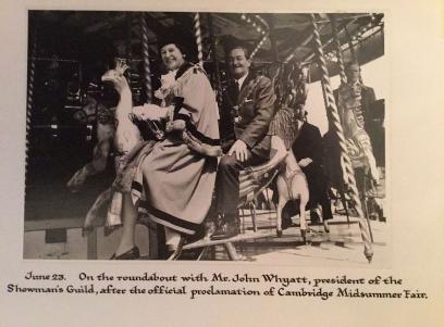 Jean Barker, Mayor of Cambridge, at the Cambridge Midsummer Fair, 23 June 1971. Photograph in Baroness Trumpington's archive, captioned "June 23. On the roundabout with Mr. John Whyatt, president of the Showman's Guild, after the official proclamation of Cambridge Midsummer Fair." Photo: Adam Barker, October 2019.