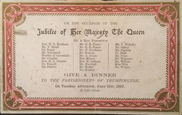 Queen Victoria's Jubilee, dinner invitation, Trumpington, 21 June 1887. Source: Alan Wedd (Allen Archer).