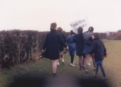 Trumpington Tornadoes cheer leaders. In the photograph c1985-1990: Donna Powter, Rebecca Pleasance, and Tracey Rule [Source: supplied by Mrs Julie Powter]
