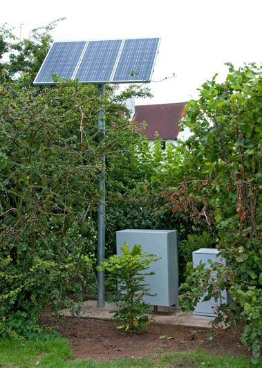 Solar panels and battery box for the electronic play space on King George V Playing Field, 1 August 2012. Photo: Stephen Brown.
