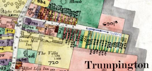 Inland Revenue Land Value map for Trumpington, 1910-11. Cambridgeshire Archives, file 470/047, sheet XLVII.10. John and Emma Farrington were living at Alpha Cottage in 1911.