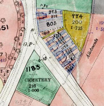 Extract from the Inland Revenue Land Value map for Trumpington, 1910-11, showing the cemetery. Cambridgeshire Archives, file 470/047, sheet XLVII.10.