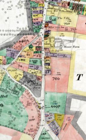 The centre of the village in the early 20th century. Inland Revenue Land Value map for Trumpington, 1910-11. Cambridgeshire Archives.