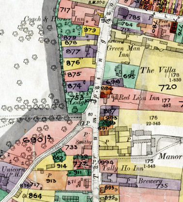 Extract from the Inland Revenue Land Value map for Trumpington, 1910-11, showing the Green Man, the Coach & Horses, the Red Lion, the Tally Ho and the Unicorn. Reproduced by permission of Cambridgeshire Archives, file 470/047, sheet XLVII.10.