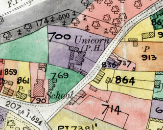 Extract from the Inland Revenue Land Value map for Trumpington, 1910-11, showing the Unicorn. Cambridgeshire Archives, file 470/047, sheet XLVII.10.