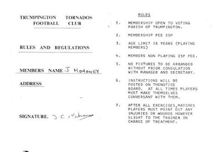 Trumpington Tornadoes Membership Card and Club Rules. [Source: supplied by Mrs Dianne Mahoney]
