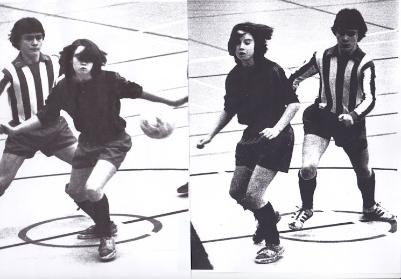 Trudie Mahoney and 5-a-side team members, with Trudie in action. [Source: supplied by Mrs Dianne Mahoney]