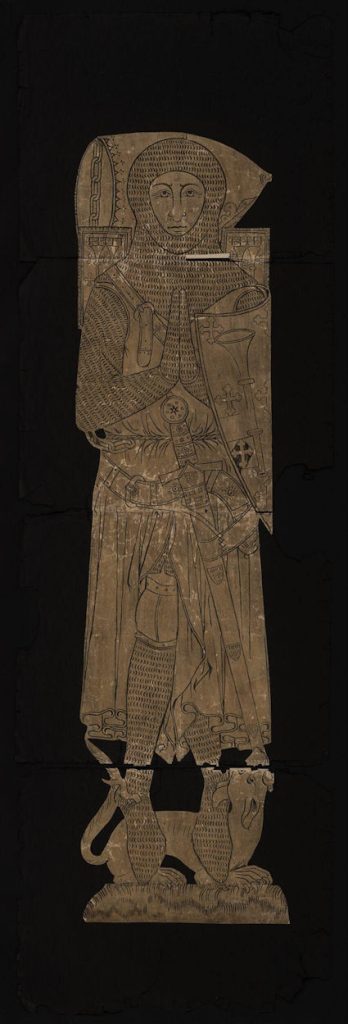 Rubbing of a brass effigy once believed to be Sir Roger de Trumpington (d.1289) in armour, from Trumpington Church, Cambridge. Prints, Drawings and Paintings Collection, Victoria and Albert Museum. © Victoria and Albert Museum.